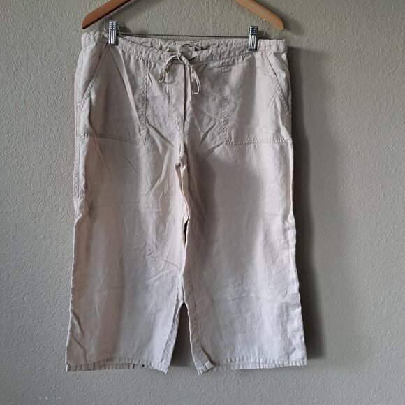 🩵LONDONJEAN Modern Coastal Minimalist Tan Linen Wide Leg Capris Pants Size MM - Picture 2 of 7